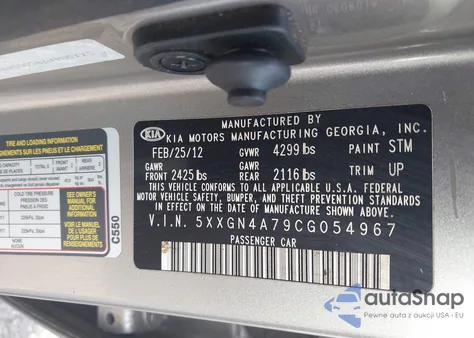 2012 Kia Optima Ex z USA, uszkodzony, nr VIN 5XXGN4A79CG054967